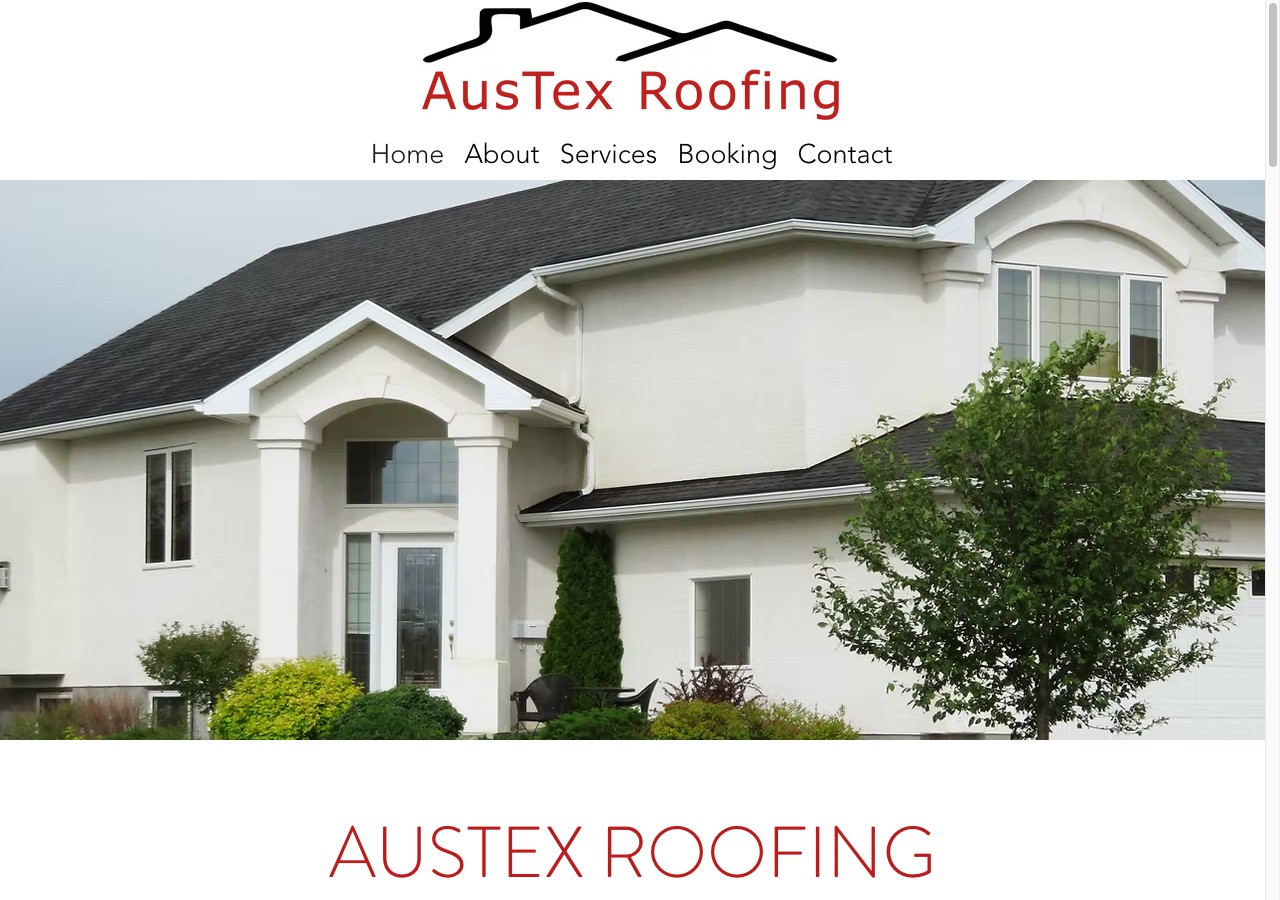AusTex Roofing website — roofline logo, navigation, and a hero photo of a large home