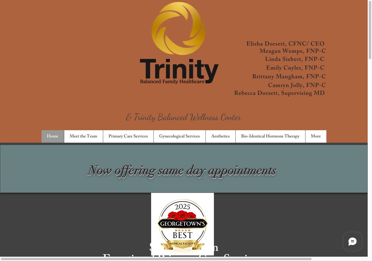 Trinity Balanced Family Healthcare website — gold logo, provider team, and a same-day-appointments banner
