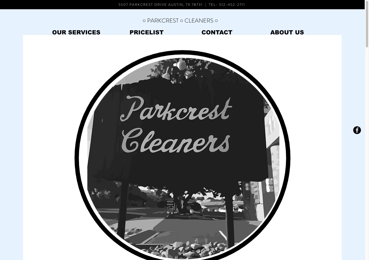 Parkcrest Cleaners website — address bar, navigation, and the circular Parkcrest Cleaners sign