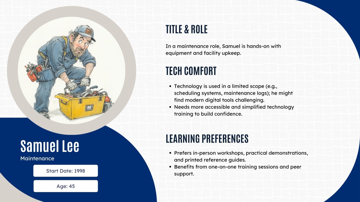Illustrated learner-persona card — Samuel Lee, Maintenance, age 45: a hands-on technician with limited tech comfort who needs simplified, in-person training and peer support to build confidence.