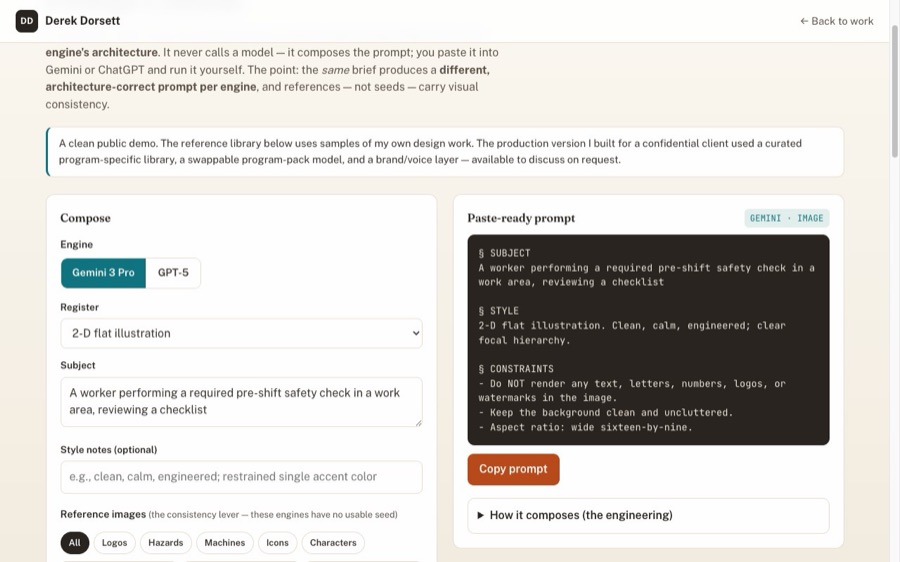 The AI prompt console with its reference-image picker, live