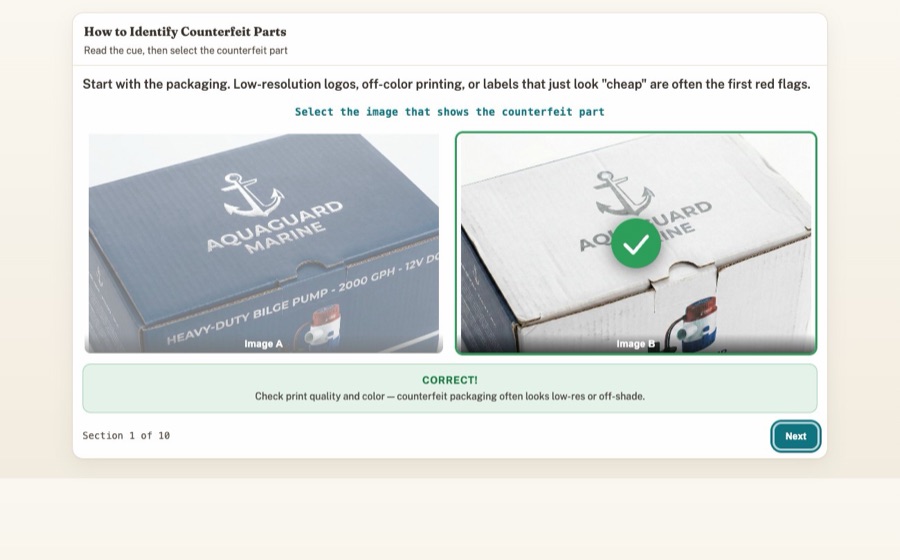 Counterfeit-parts image quiz — two product boxes side by side with a green CORRECT feedback banner.