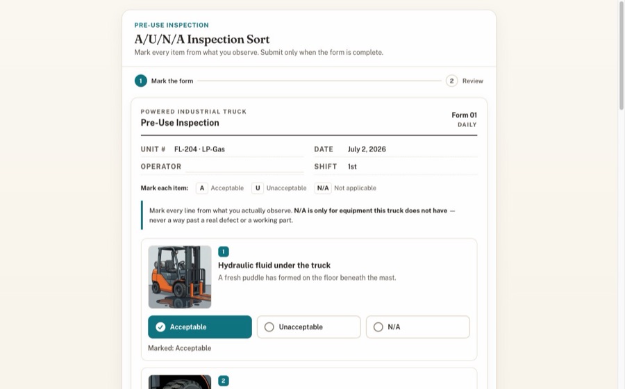 Pre-use inspection marking form — equipment items each marked Acceptable, Unacceptable, or N/A, with teal selection states.