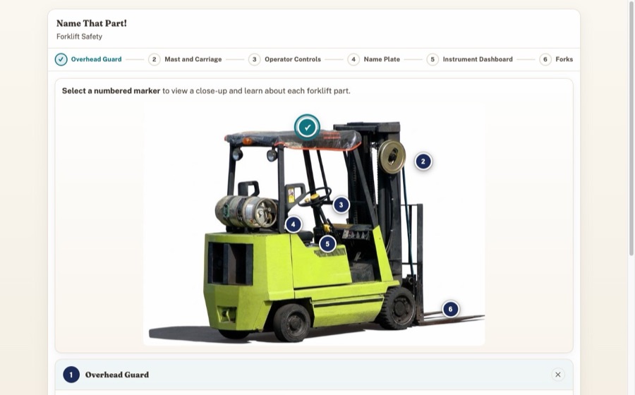 Name That Part interaction — a forklift with numbered teal hotspot markers and a slide-up detail card.