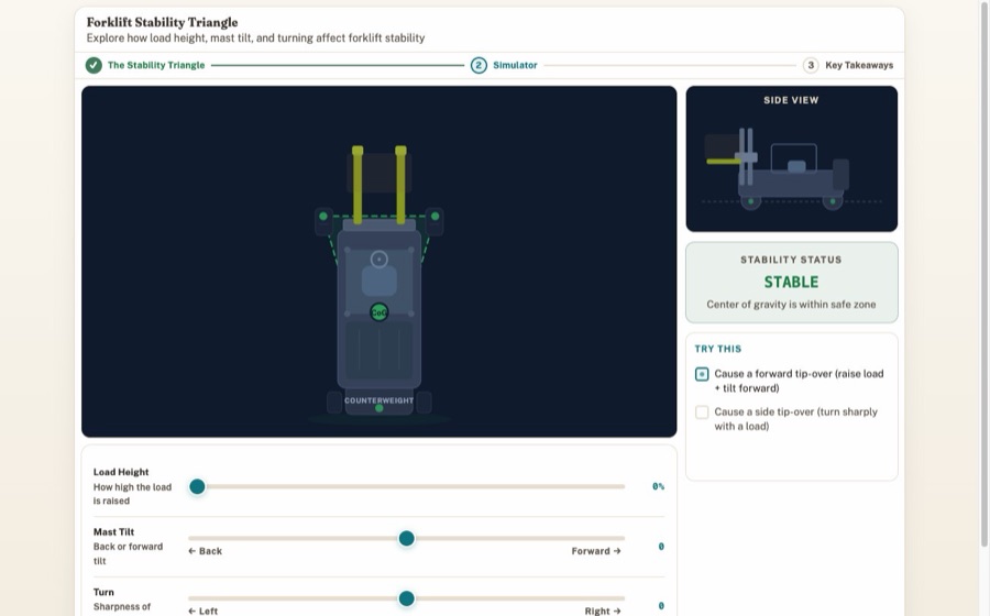 The forklift stability triangle simulator, one of the live interaction demos